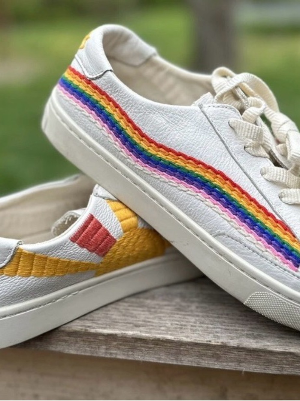 Soludos White Leather Sneakers with Embroidered Sunrise & Rainbow. Rainbow wave